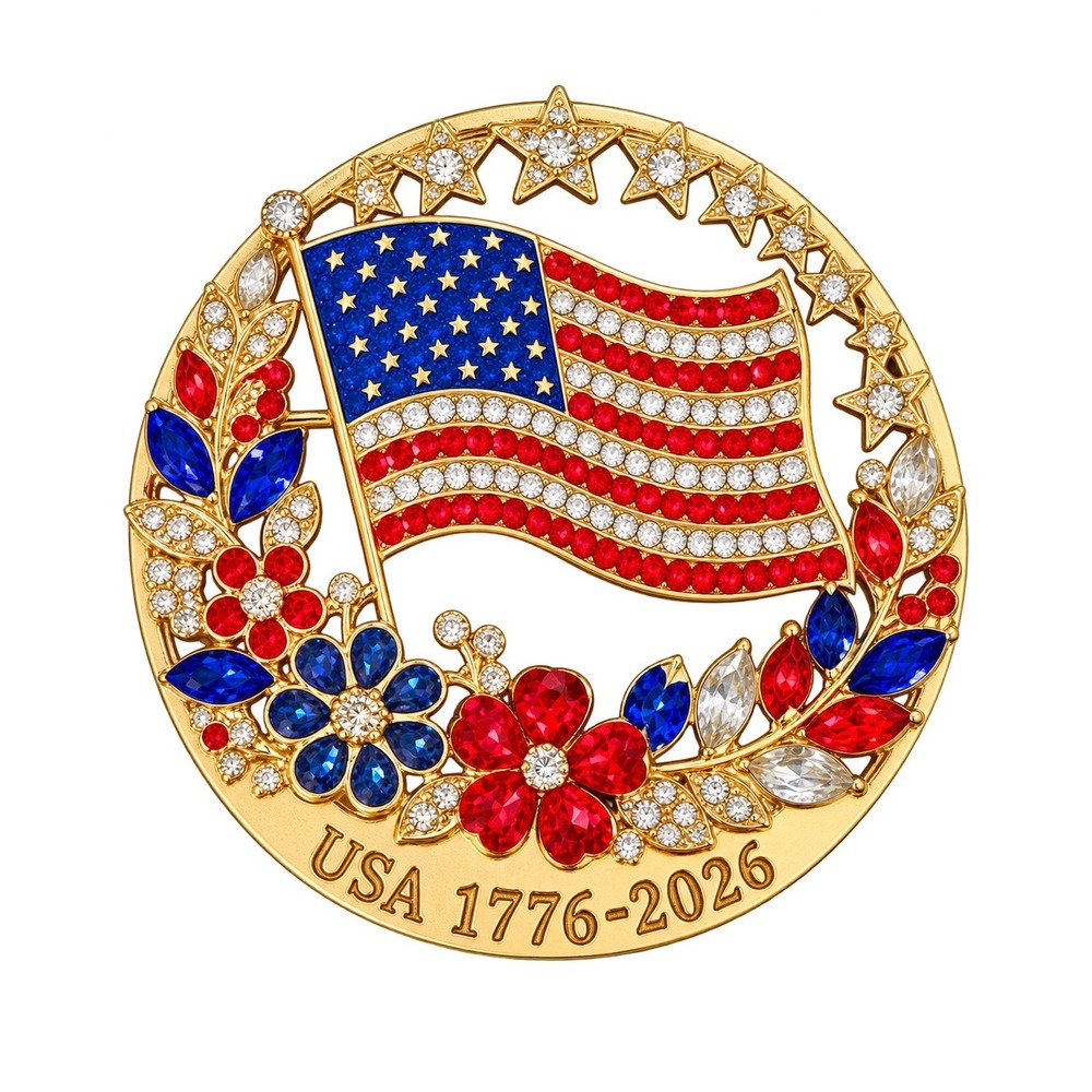 USA 250th Anniversary 1776-2026 Rhinestone American Flag Patriotic Brooch Pin